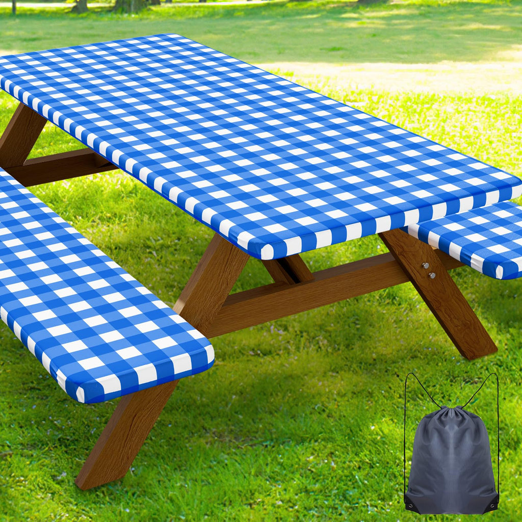 Smiry Picnic Table Cover with Bench Covers, Waterproof Elastic Fitted Tablecloths for 6 Foot Rectangle Tables, Washable Buffalo Plaid Tablecloth for Camping, Outdoor (Black & White, 30"x72")