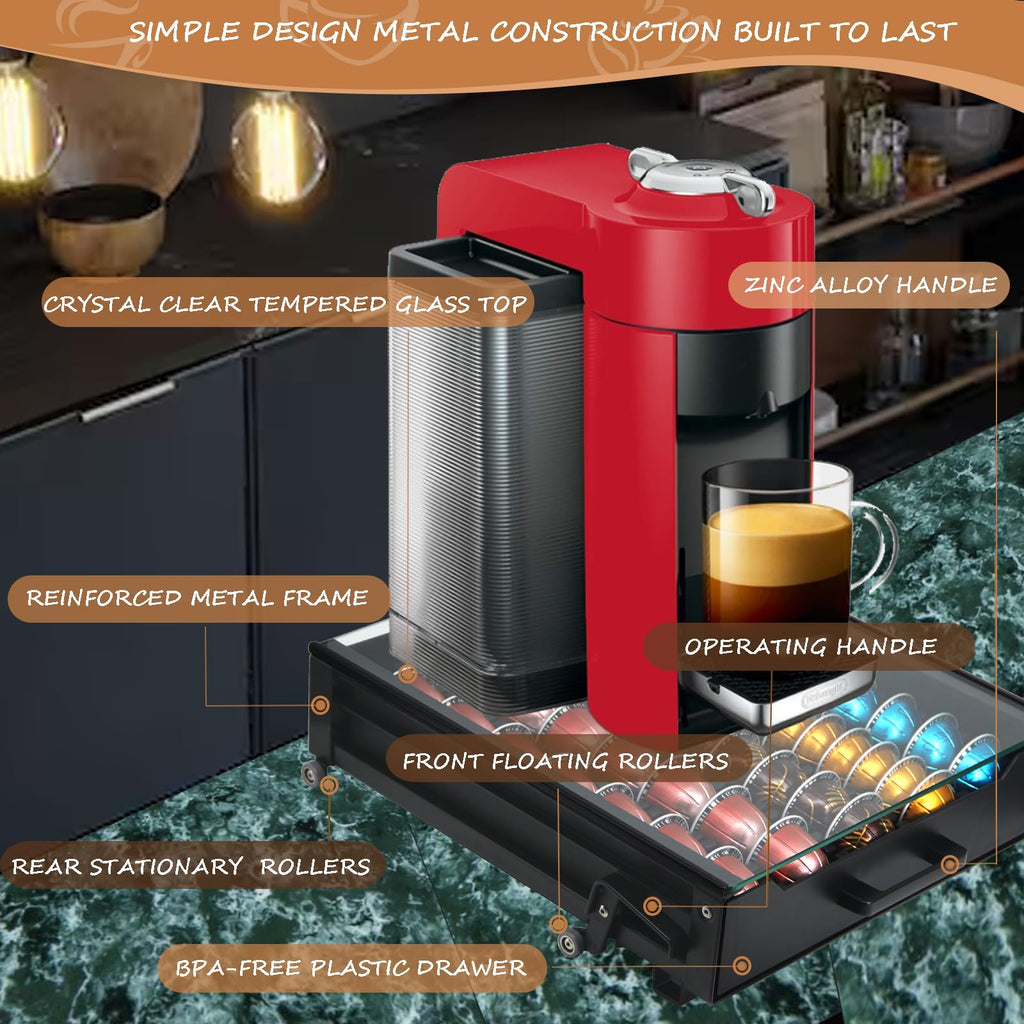 Vertuo Pod Holder Drawer with Deluxe Black Tempered Glass Top, Compatible for Nespresso VertuoLine Pods, Holds up to 75 Small or 50 Big Vertuo Pods Compact Design (Piano Black Nespresso Pods Holder)