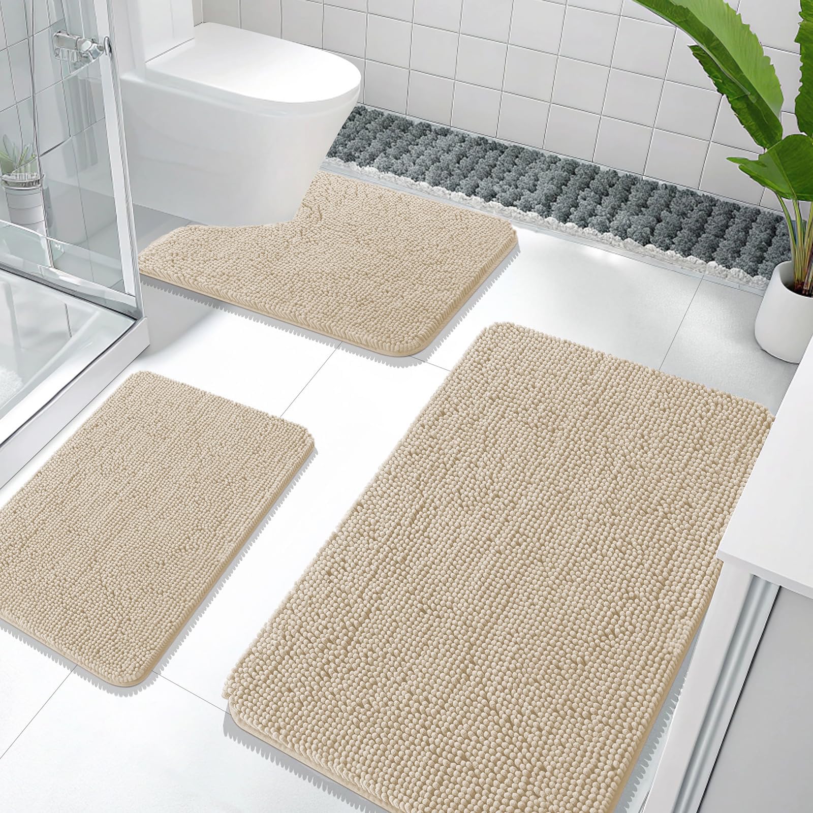 OLANLY Bathroom Rugs Sets 3 Piece, Soft Absorbent Chenille Bath Mats and U-Shaped Contour Toilet Rug, Quick Dry, Home Decor Accessories, Bath Mat Set for Bathroom (30"x20"+24"x16"+24"x20", Grey)