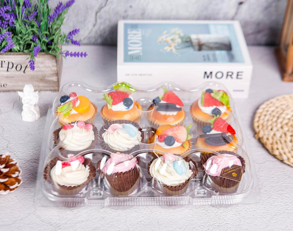 12 Count Cupcake Containers 12 Pack Cupcake Holders with Detachable Tall Dome Lids Clear Plastic Stackable Cupcake Boxes for 144 Cupcakes, BPA Free, Standard Size