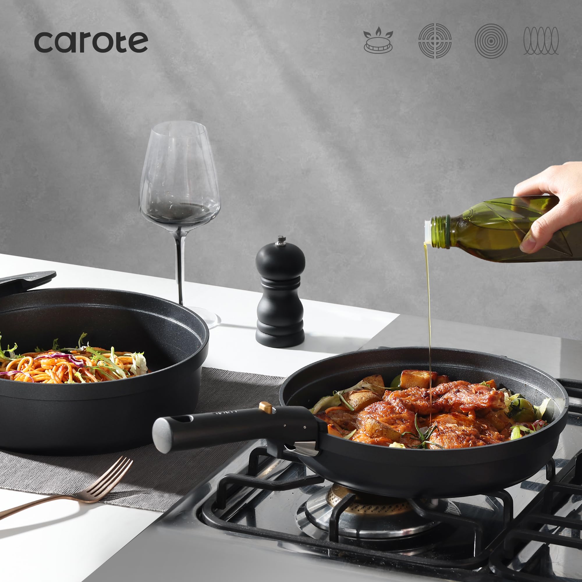 CAROTE 20pcs Pots and Pans Set Non Stick, Nonstick Cookware Set, Dishwasher/Oven/Fridge Safe Pots and Pans, Removable Handle RV Oven Safe Cookware, Induction Kitchen Set, Black