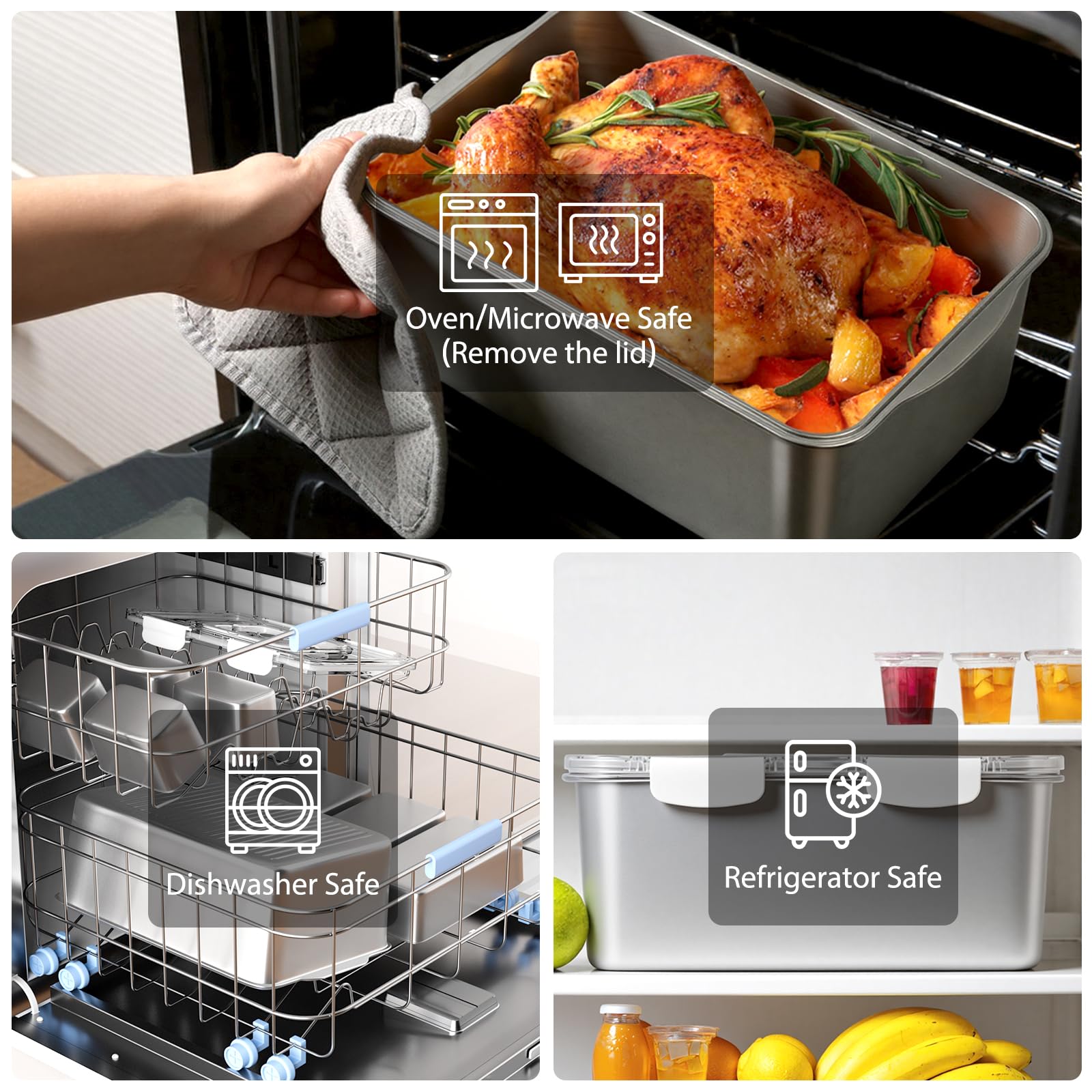 8 PCS Large Stainless Steel Food Storage Containers with Lids, 3 Sizes Meal Prep Containers Set for Vegetables, Fruits, Snacks, Roasting Chicken, Lasagna, BPA Free and Oven Safe (245oz, 31oz, 21oz)