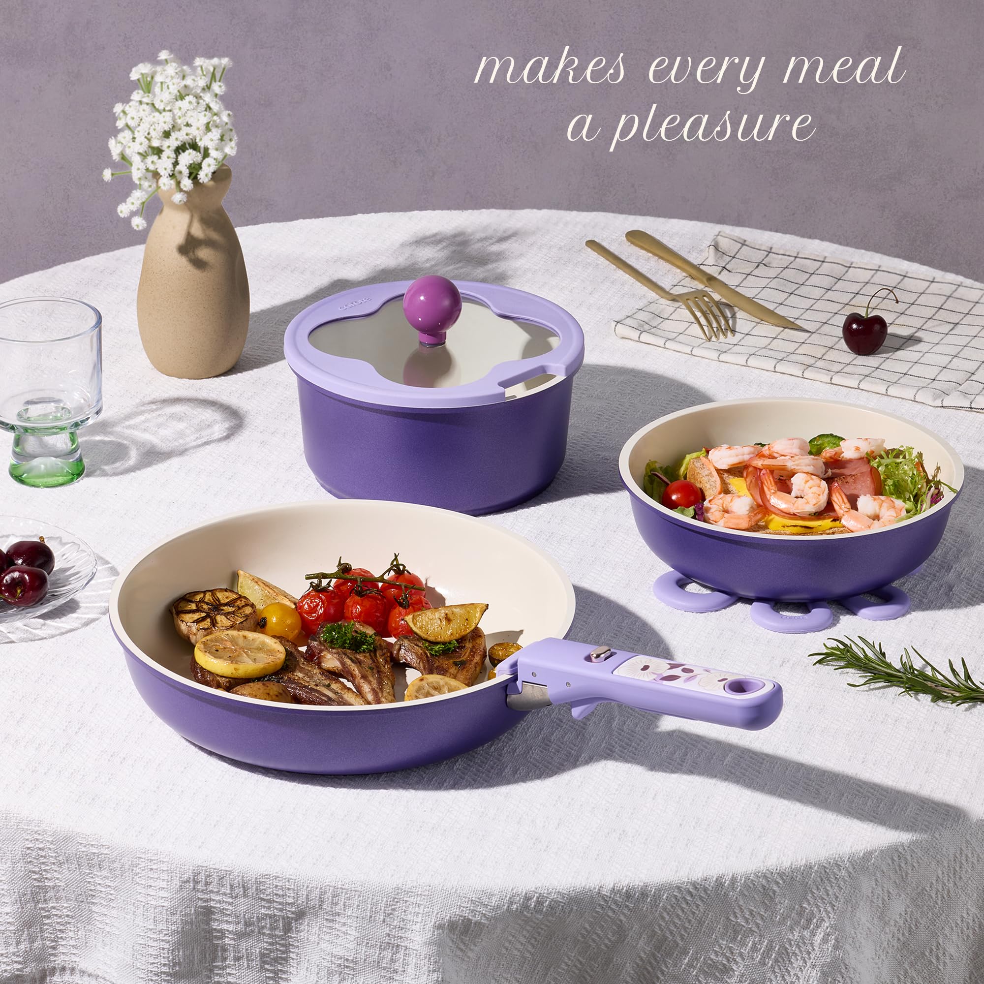 CAROTE Ceramic Pots and Pans Set Non Stick, Nonstick Kitchen Cookware Sets with Lid, Detachable Handle Sauté Pan Set, Non Toxic Frying Pan, Oven Safe, Induction Ready, Cream White