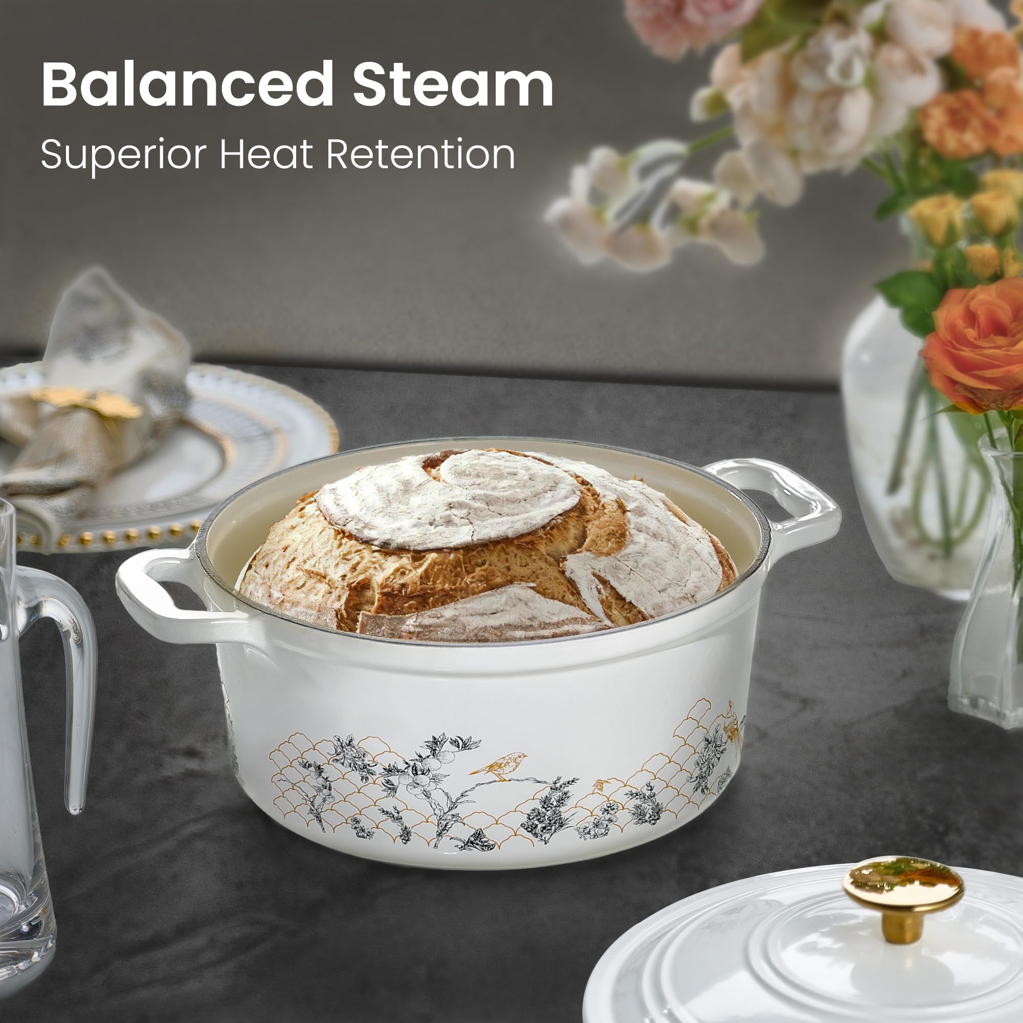 CAROTE 5 QT Cast Iron Dutch Oven Pot with Lid, Enameled Floral Dutch Ovens with Cotton Potholders & Oven Gloves, Gift Box, Cast Iron Pot for Sourdough Bread Baking, Braising, Stews, Roasting, Dual Handles, All Stovetop Compatible, Oven Safe up to 500° F,