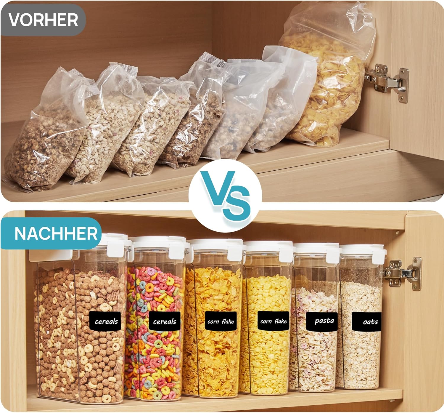 Vtopmart Cereal Containers Set, 3 PCS Airtight Food Storage Container with Flip-Top Lids, Plastic Organizer Dispenser for Kitchen, Pantry Organization (135.2oz/4L)