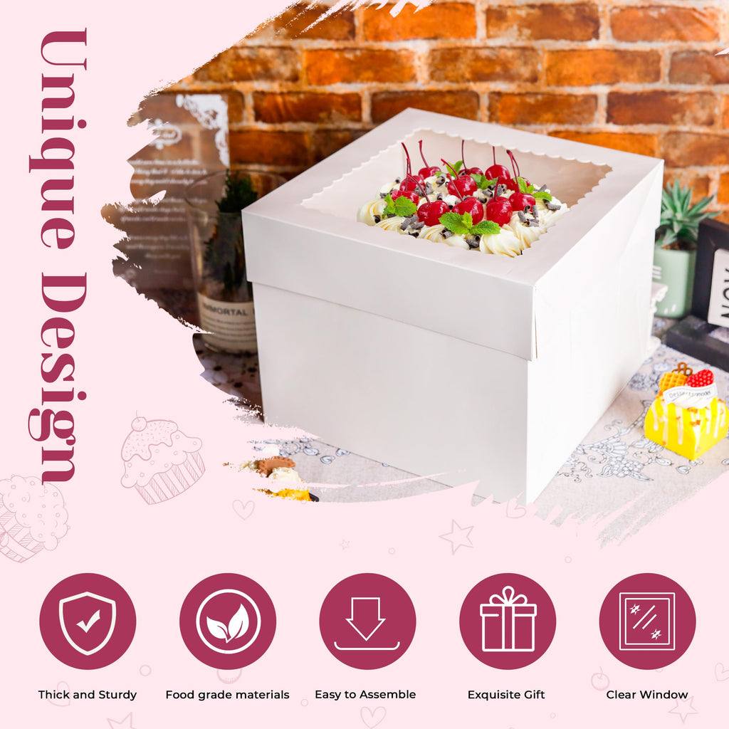 Cake Boxes 10×10×8 inch White Tall Cake Boxes with Window Cajas Para Pasteles for Cakes, Pies, Pastries, Birthday, Party (2 Pack)