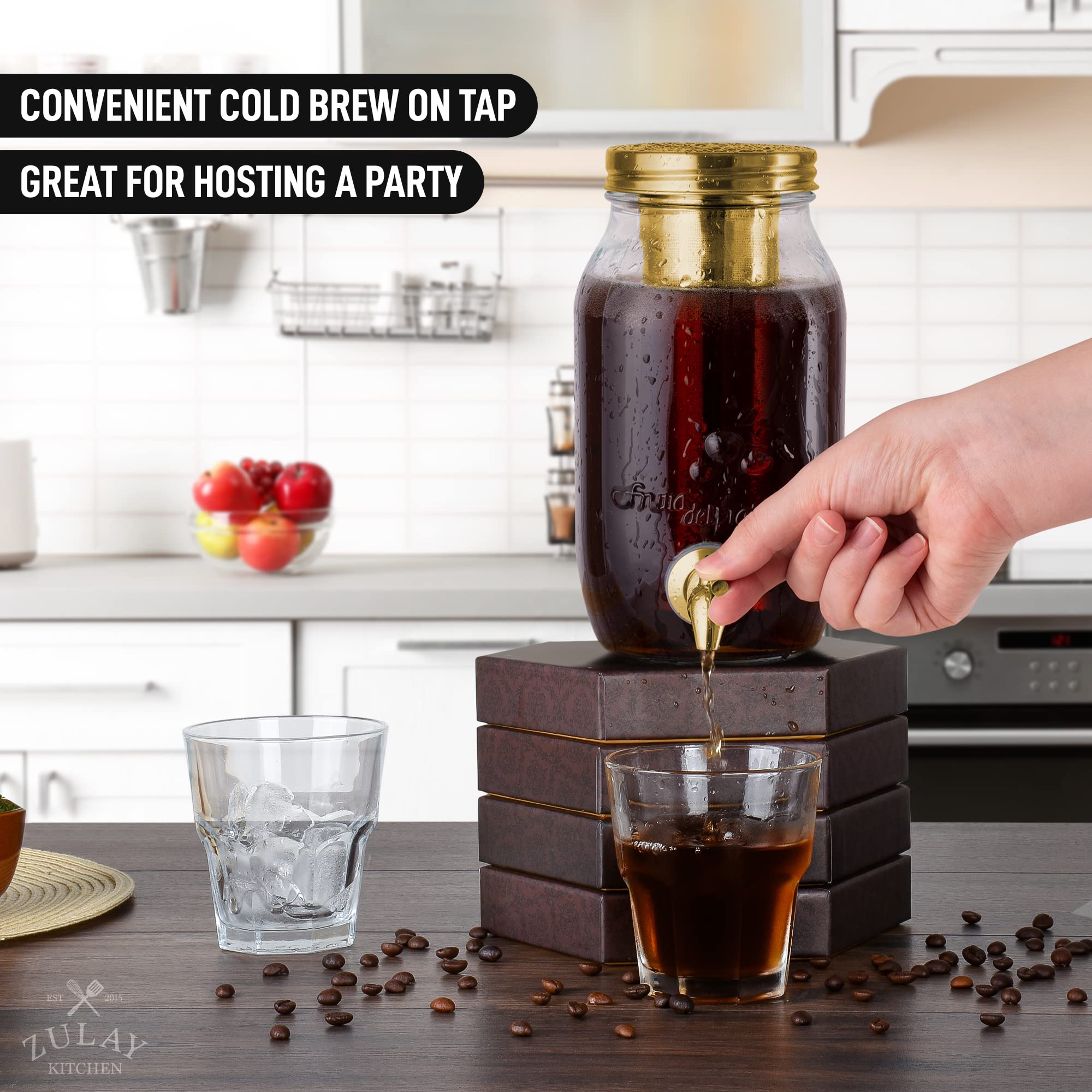 Zulay 1 Gallon/128oz Cold Brew Coffee Maker – Thick Glass Pitcher with Stainless Steel Filter, Lid & Spout – Large Mason Jar Container Dispenser - Iced Coffee & Sun Tea Brewer for Fridge – Silver