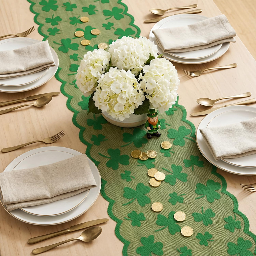 Artoid Mode Lace Jacquard Shamrock Clover Lucky St Patrick's Day Table Runner, Kitchen Dining Table Decoration for Home Party Decor 13x72 Inch