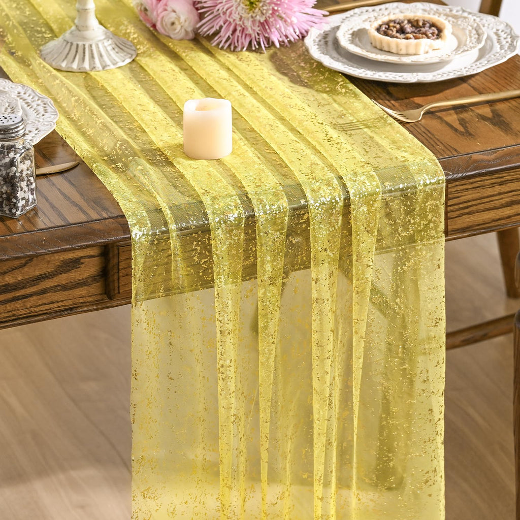 Artoid Mode Beige Gold Gauze Table Runner 120 Inch 10FT, Glitter Metallic Foil Sheer Dining Wedding Anniversary Holiday Birthday Table Decor for Home Party