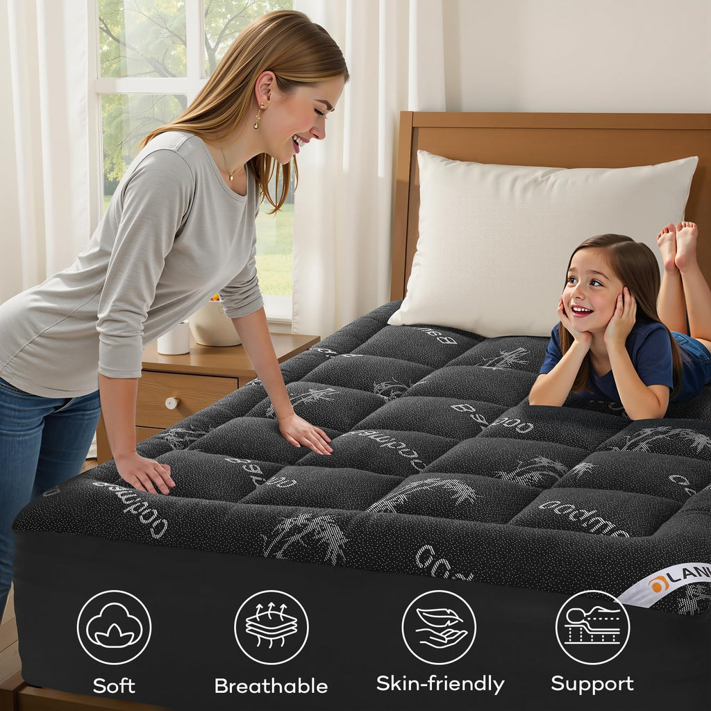 OLANLY Queen Mattress Topper – Viscose Made from Bamboo, Cooling Soft Queen Pillow Top Mattress Pad for Back Pain Relief, Plush Down Alternative Fill Bed Topper with Elastic Deep Pocket, Dark Gray