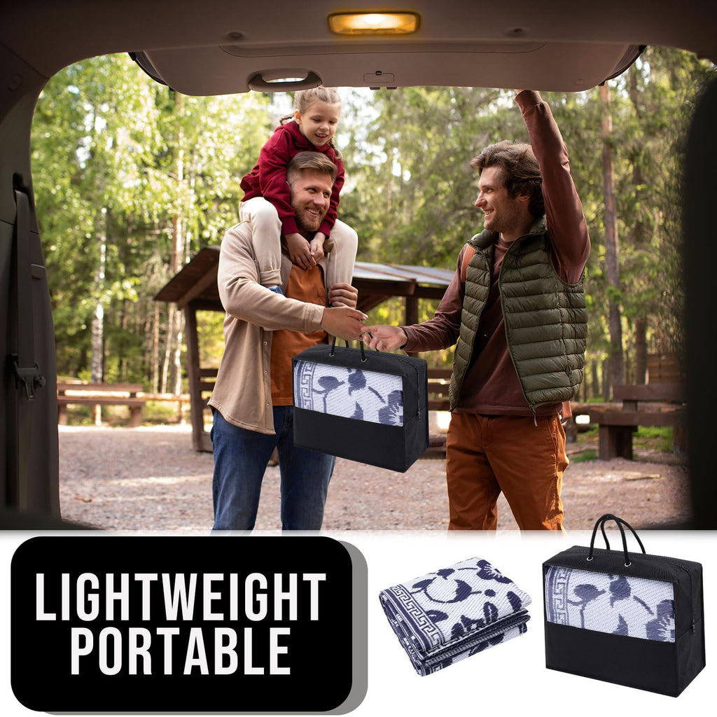 OLANLY Waterproof Outdoor Rug 5x8 ft, Outdoor Plastic Straw Rug with Flower Pattern, Reversible RV Mat for Patio, Camping, Balcony, Deck, Backyard, Navy & White