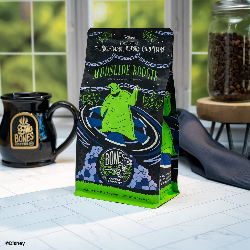 Bones Coffee Company Fallout Rocky Route 66, Rocky Road Flavored Coffee, Medium Roast Low Acid Arabica Beans Compatible with Auto drip and French Press Coffee Maker, 12 Oz Ground