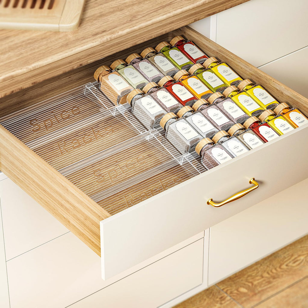 2-Tier Spice Drawer Organizer 4 Pack, Expandable from 11" to 22" Clear Acrylic Spice Rack for Drawer, Seasoning Organizer Holds Up to 48 Jars for Kitchen Spice Organization(Jars Not Included)
