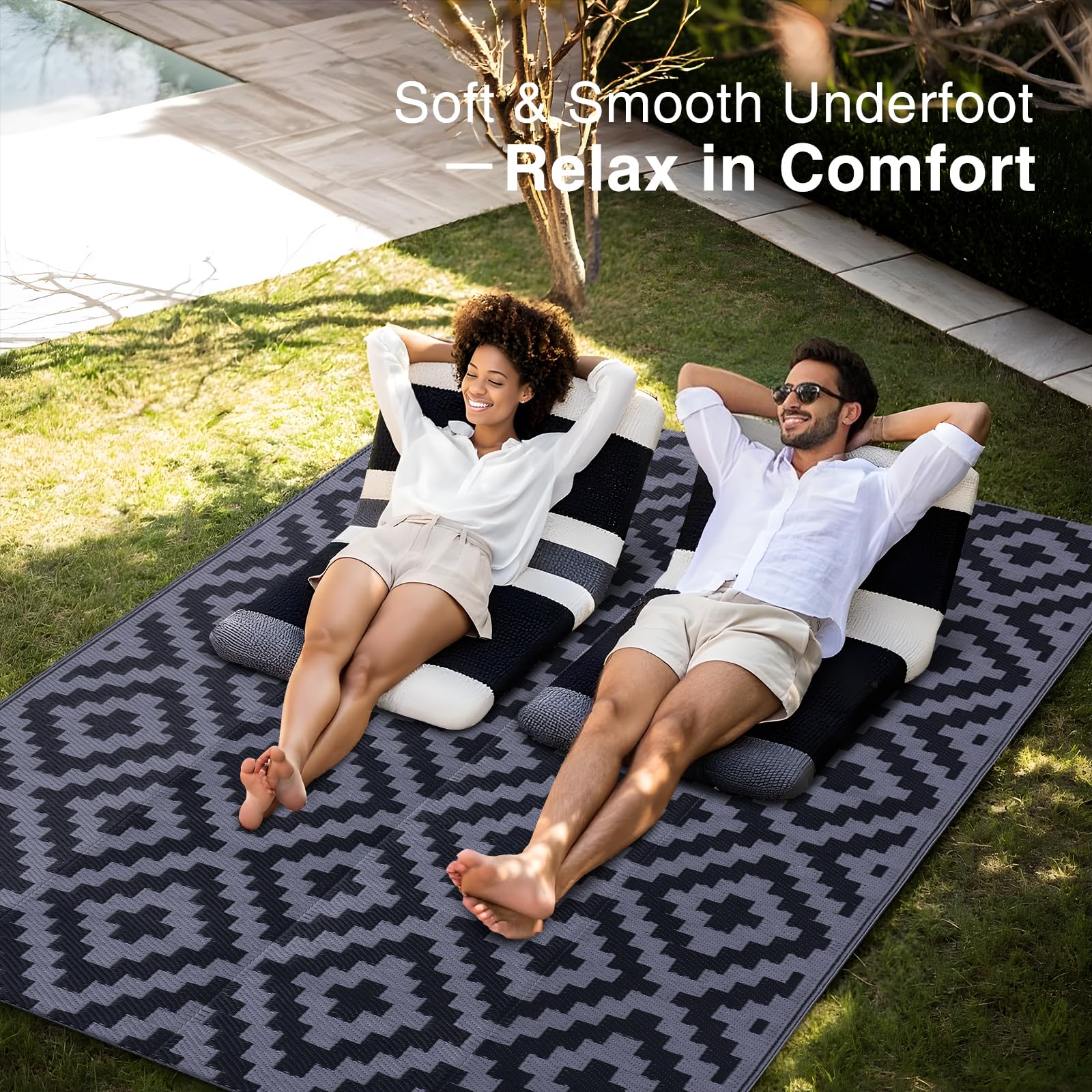 OLANLY Waterproof Outdoor Rug 5x8 ft, Outdoor Plastic Straw Rug for Camping, RV Mat Outside, Indoor Outdoor Carpet for Porch, Deck, Backyard, Balcony, Picnic, Black & White