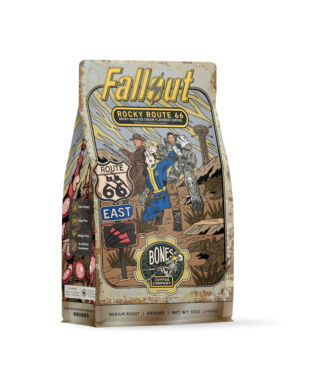 Bones Coffee Company Fallout Rocky Route 66, Rocky Road Flavored Coffee, Medium Roast Low Acid Arabica Beans Compatible with Auto drip and French Press Coffee Maker, 12 Oz Ground