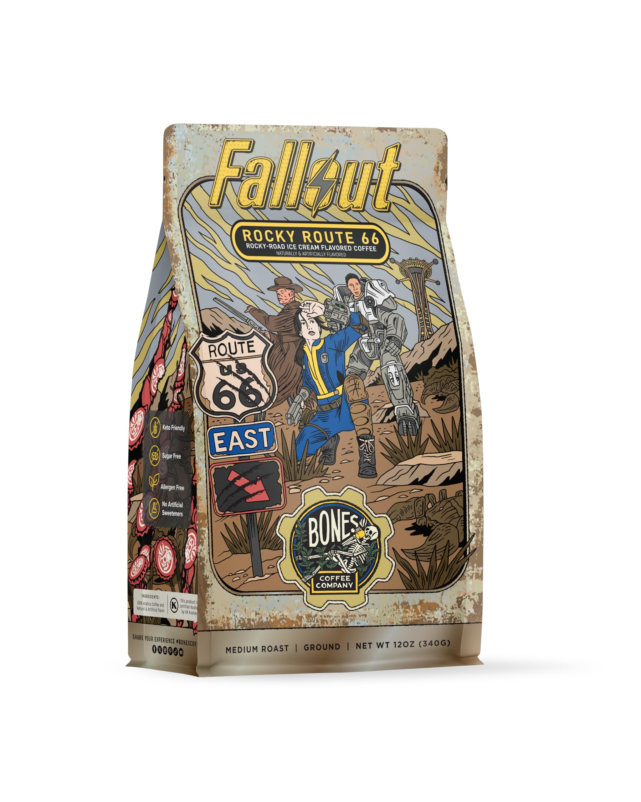 Bones Coffee Company Fallout Rocky Route 66, Rocky Road Flavored Coffee, Medium Roast Low Acid Arabica Beans Compatible with Auto drip and French Press Coffee Maker, 12 Oz Ground