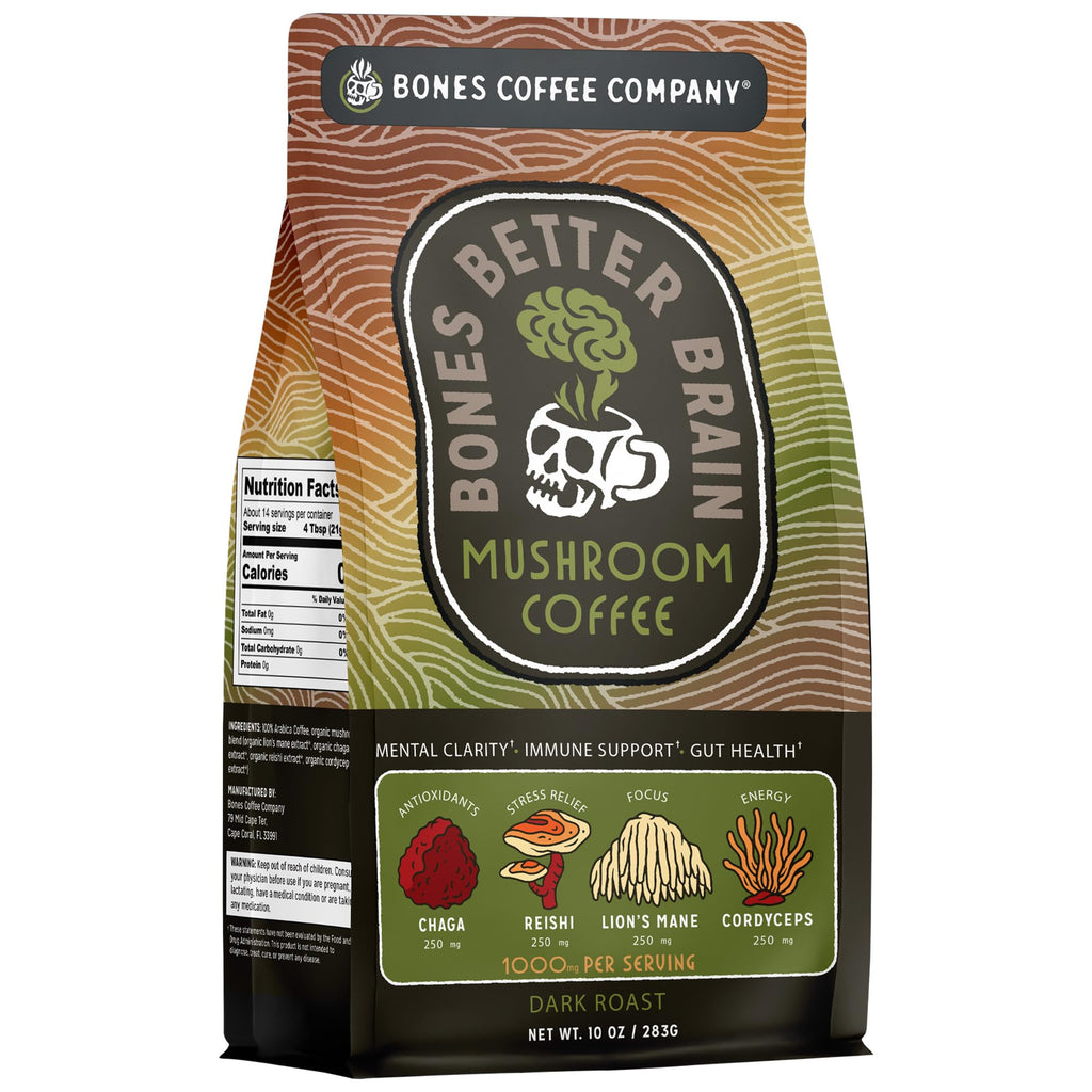 Bones Coffee Company Better Brain Mushroom Coffee - Medium Roast Low Acid Arabica Beans - Ground or Whole Bean - Reishi, Chaga, Lion's Mane, Cordyceps Mushroom Blend - 10 Oz
