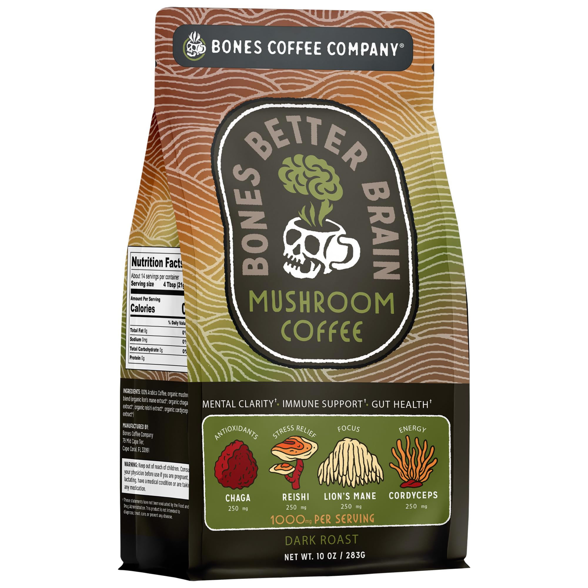 Bones Coffee Company Better Brain Mushroom Coffee - Medium Roast Low Acid Arabica Beans - Ground or Whole Bean - Reishi, Chaga, Lion's Mane, Cordyceps Mushroom Blend - 10 Oz