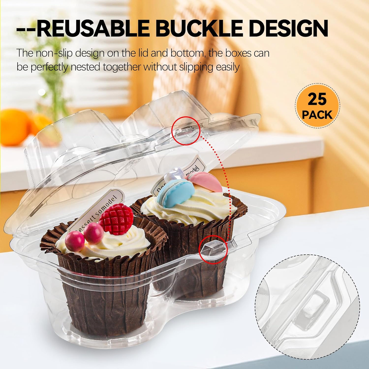 2 Count Cupcake Containers 25 Pack Cupcake Holder with Connected Airtight Lid Cupcake Boxes for 50 Cupcakes Muffins, BPA Free, Standard Size