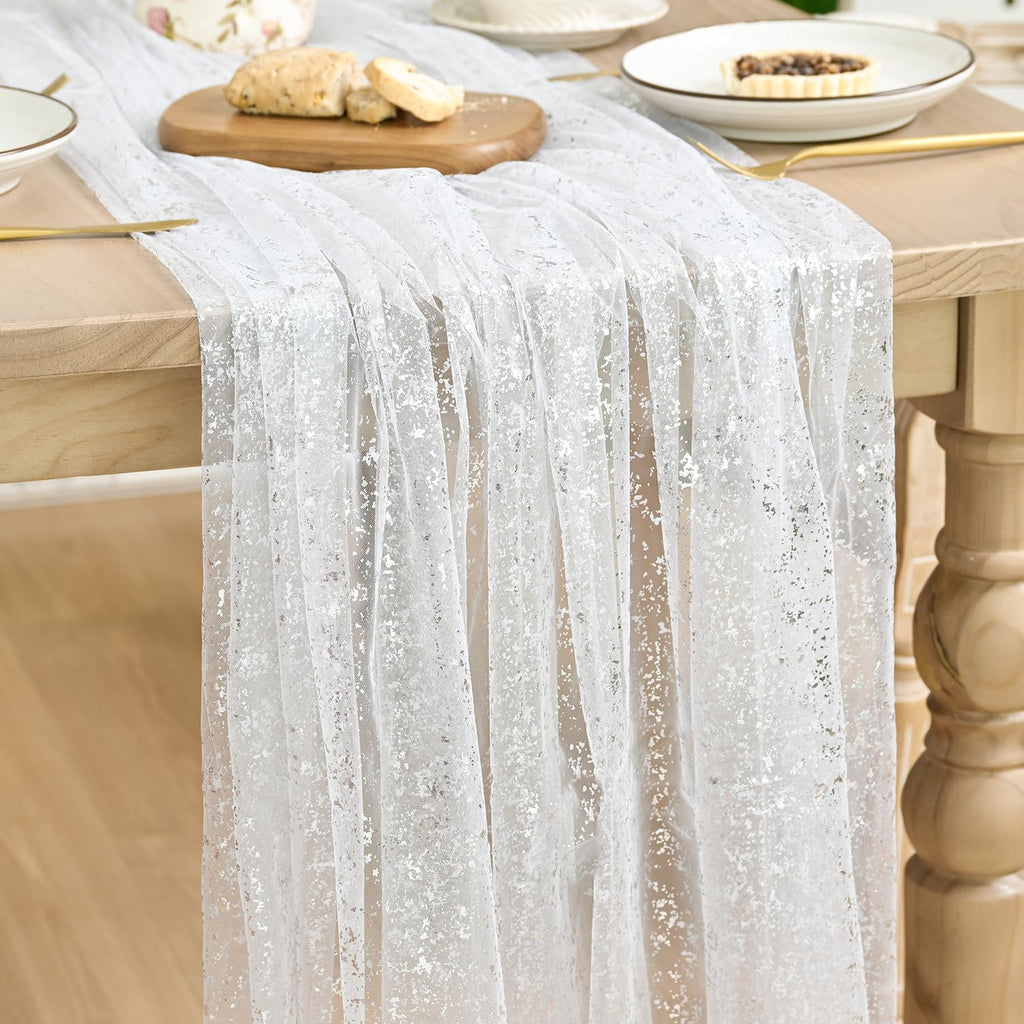 Artoid Mode Beige Gold Gauze Table Runner 120 Inch 10FT, Glitter Metallic Foil Sheer Dining Wedding Anniversary Holiday Birthday Table Decor for Home Party