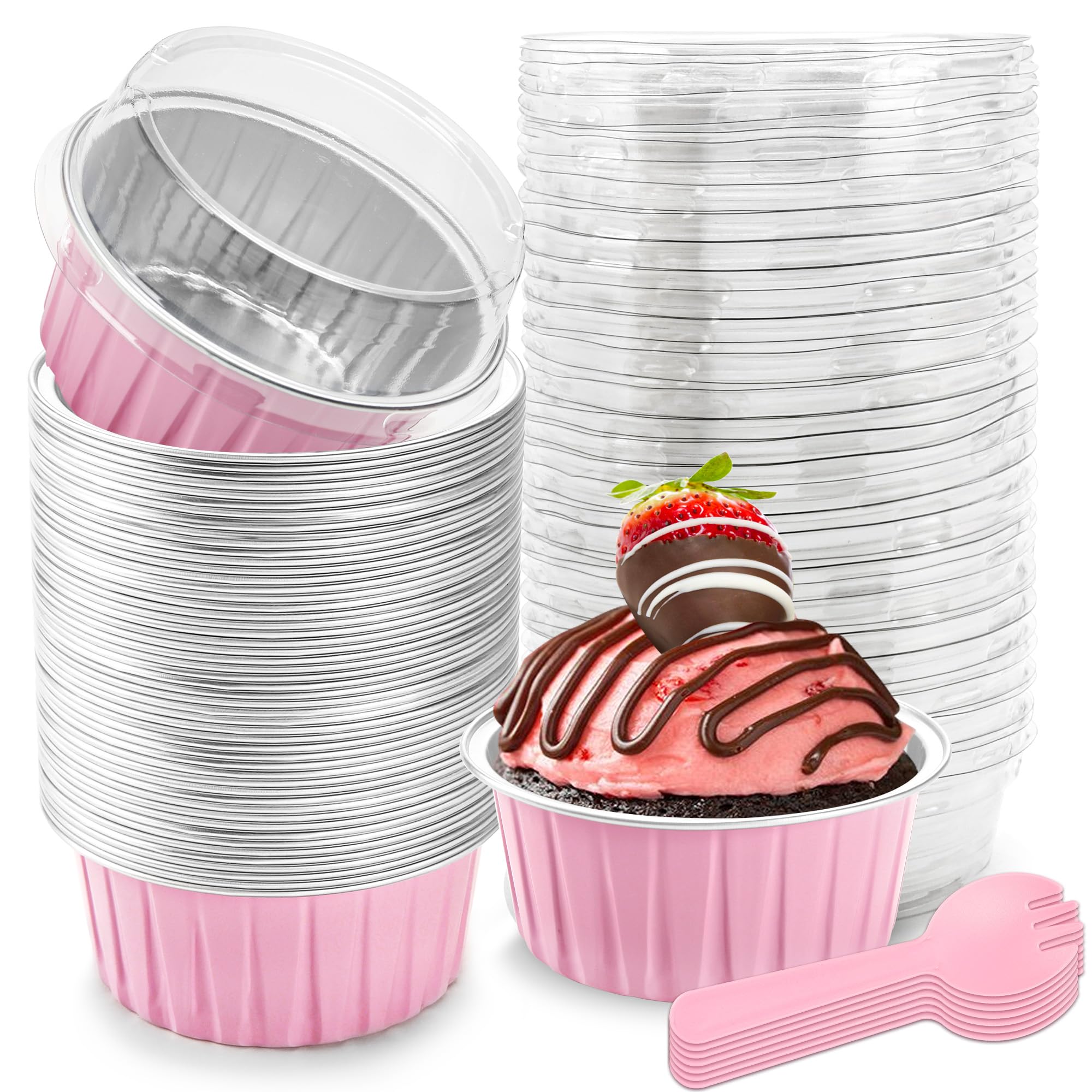 5 OZ Mini Loaf Pans with Lids Mini Cake Pans Baking Cups Disposable Ramekin for Cupake Pudding Party Wedding Birthday(50 Pack, Pink)