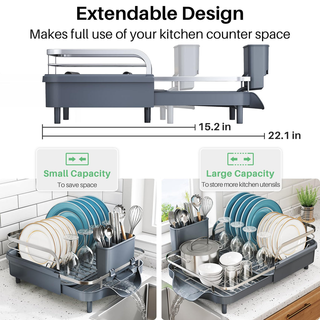 SNTD Dish Drying Rack, Expandable Dish Rack for Kitchen Counter, Stainless Steel Dish Drainer with Drainboard Set and Utensil Holder (Black)