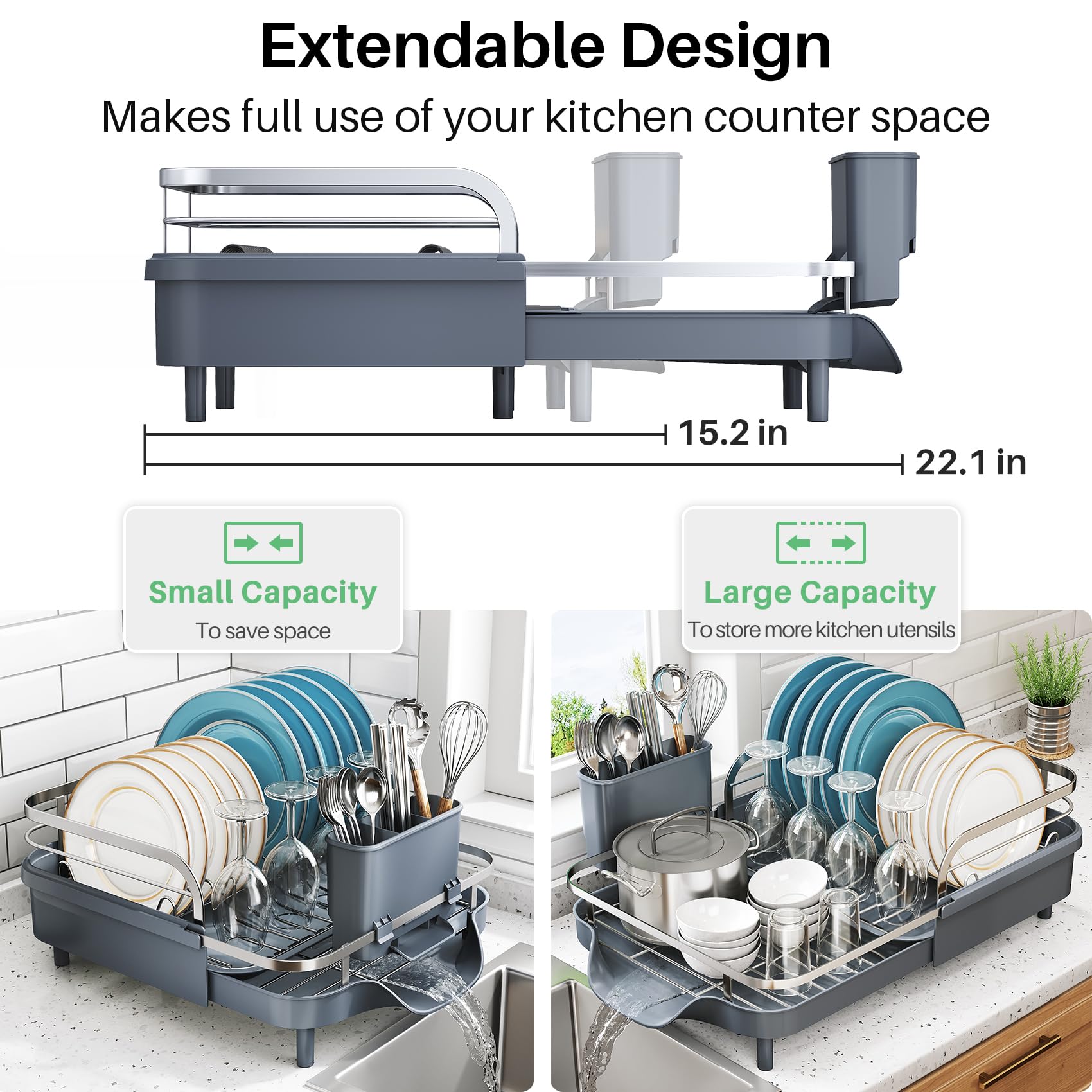SNTD Dish Drying Rack, Expandable Dish Rack for Kitchen Counter, Stainless Steel Dish Drainer with Drainboard Set and Utensil Holder (Black)