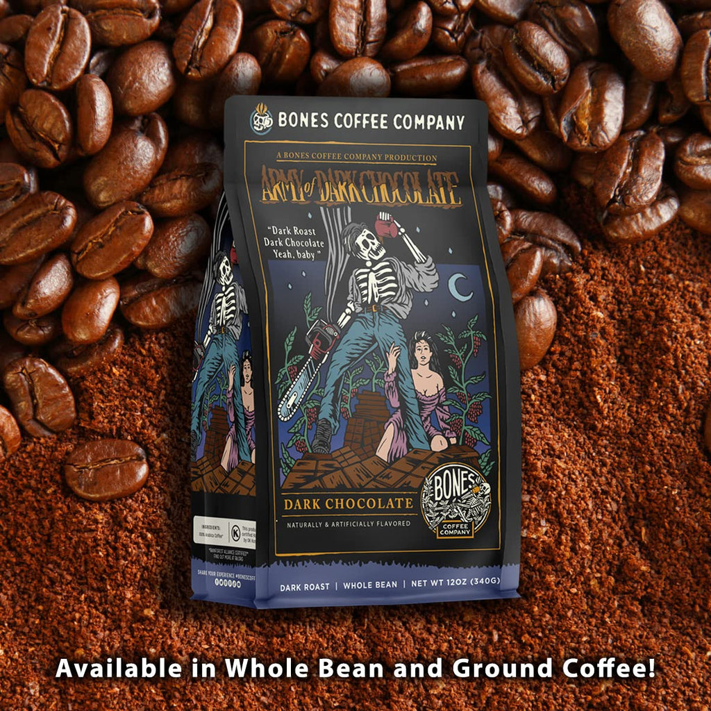Bones Coffee Company Highland Grog, Butterscotch Caramel Flavored Coffee, Medium Roast Low Acid Arabica Beans Compatible with Auto drip and French Press Coffee Maker, 12 Oz Ground