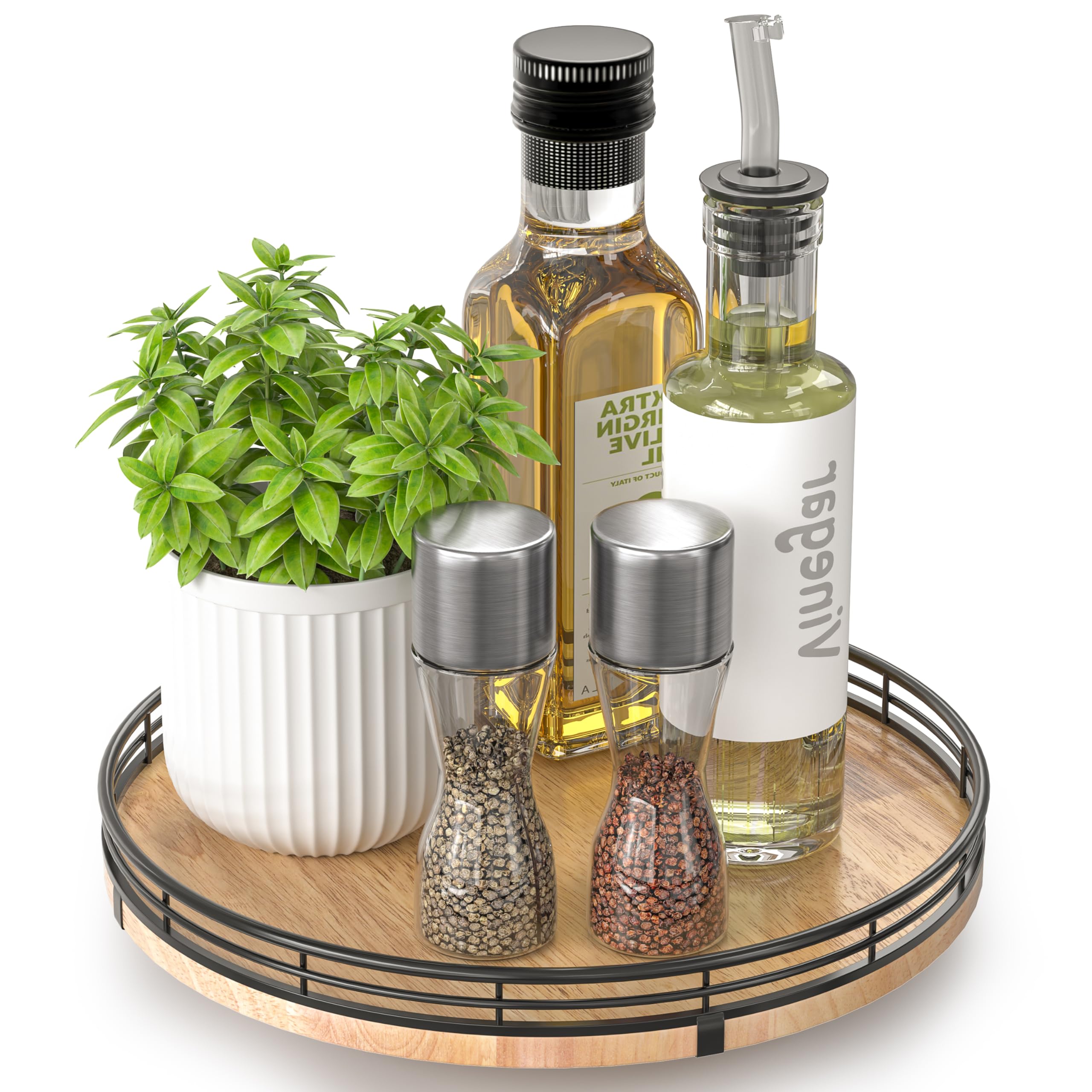 Farmhouse Oak 9" Lazy Susan Turntable Organizer for Cabinet, Round Wooden Lazy Susan Organization and Storage for Dining Table, Pantry, Kitchen, Countertop, Cupboard,Home Decor, Walnut Wood