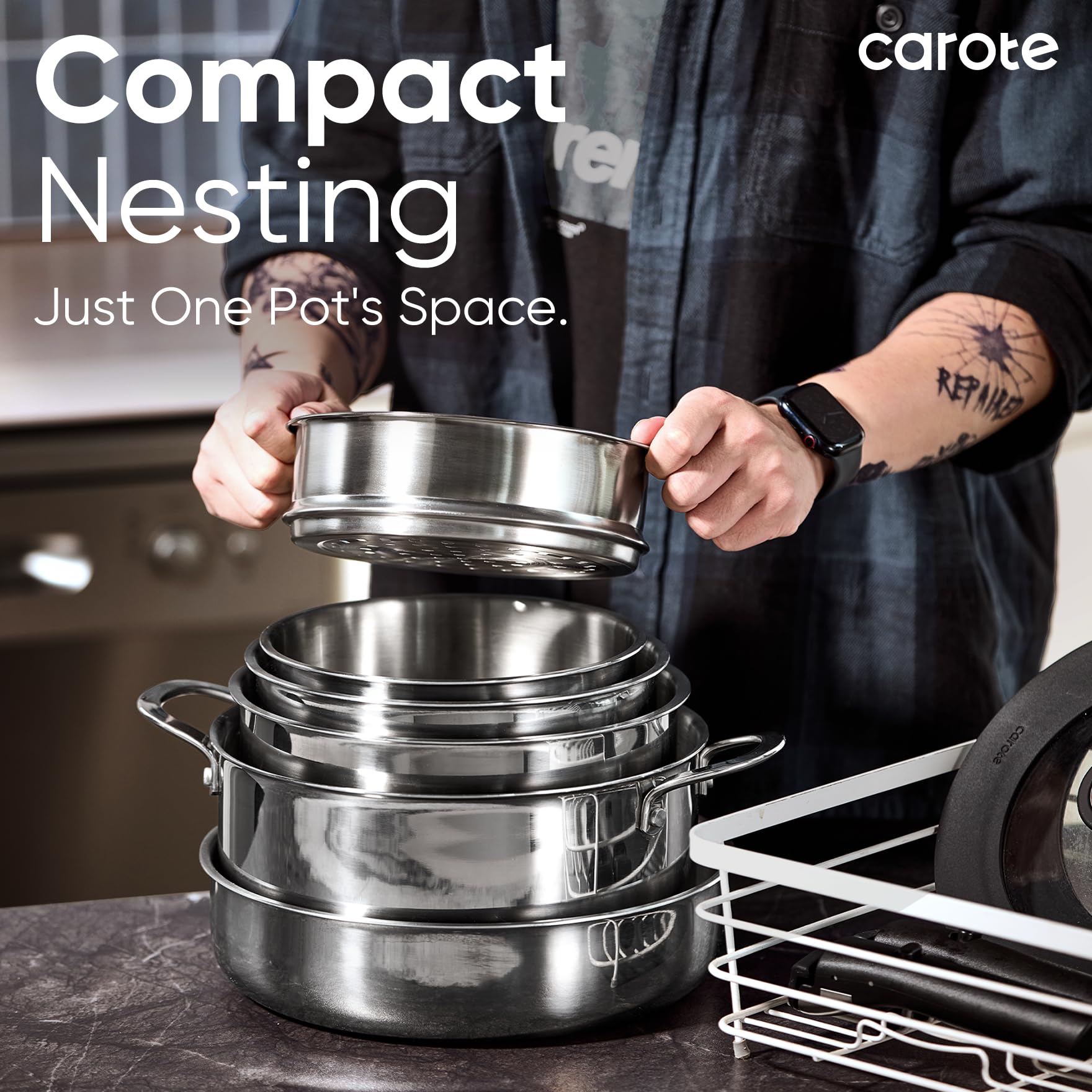 CAROTE Pots and Pans Set, Stainless Steel Cookware Set Detachable Handle, 15pcs Induction Kitchen Cookware Sets with Removable Handle, RV Cookware Set, Oven Safe