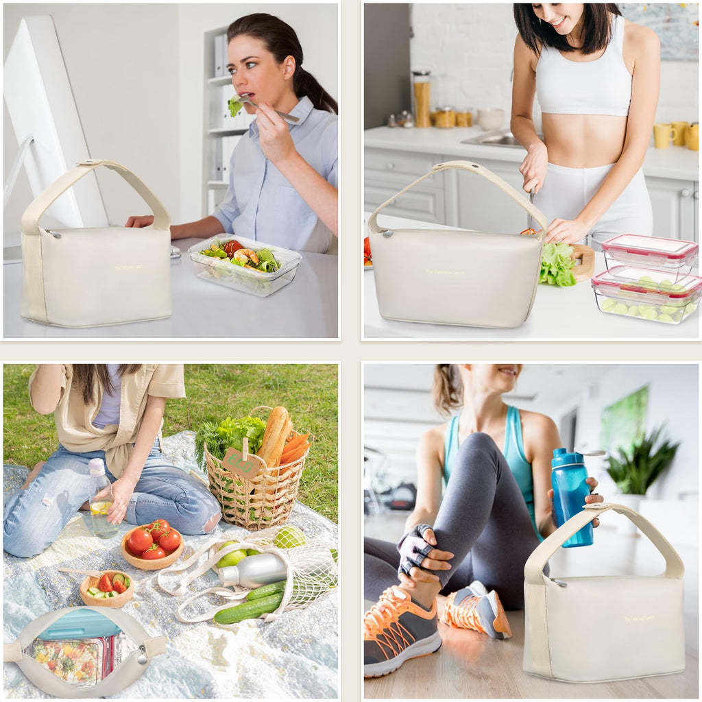 Lunch Bag Set For Women Insulated Leather Woman Lunch Bag With 2 Lunch Box Containers Spoon and Ice Pack Leakproof Reusable High Capacity Lunch Tote Bags for Work, Travel, Outdoor