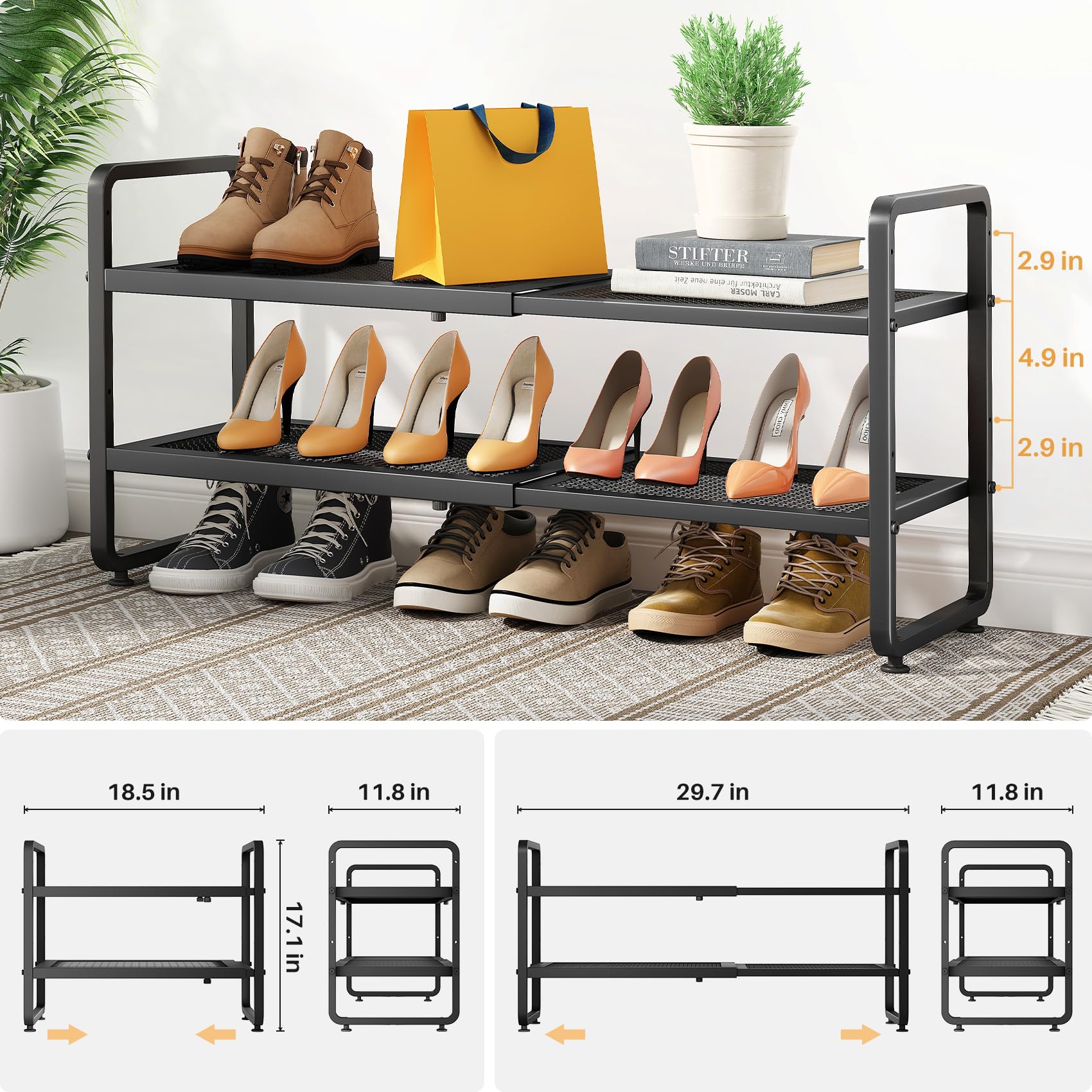 SNTD Shoe Rack - Expandable Shoe Organizer for Closet, Adjustable Metal Shoe Shelf Storage, Stackable Long Shoe Stand Holder for Garage, Entryway, Door Entrance (Black, 2-Tier)