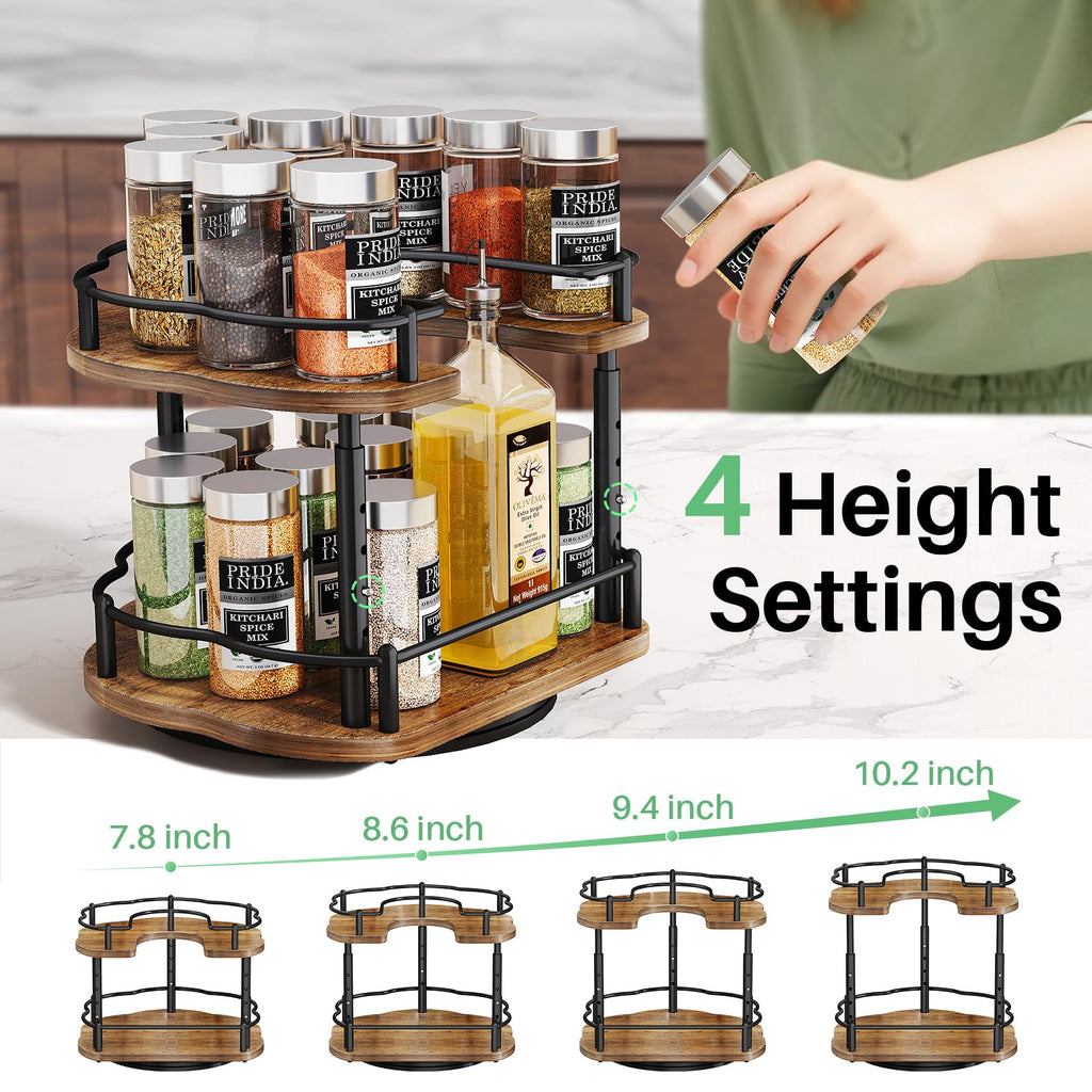 Lazy Susan Organizer Spice Rack - Spice Organization for Cabinet Height Adjustable Rotating Lazy Turntable, Pantry Kitchen Wood Revolving Seasoning Organizer (12 Inch)