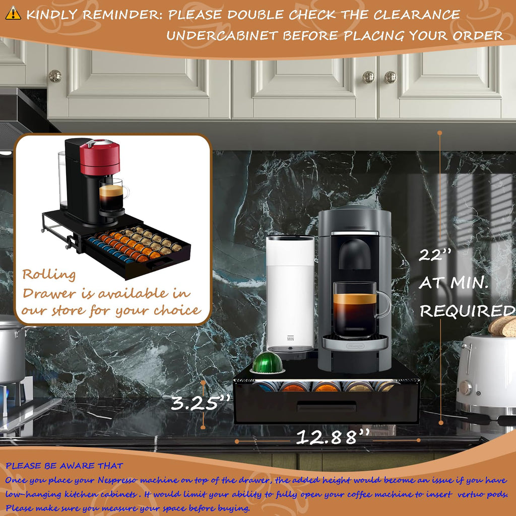 Vertuo Pod Holder Drawer with Deluxe Black Tempered Glass Top, Compatible for Nespresso VertuoLine Pods, Holds up to 75 Small or 50 Big Vertuo Pods Compact Design (Piano Black Nespresso Pods Holder)