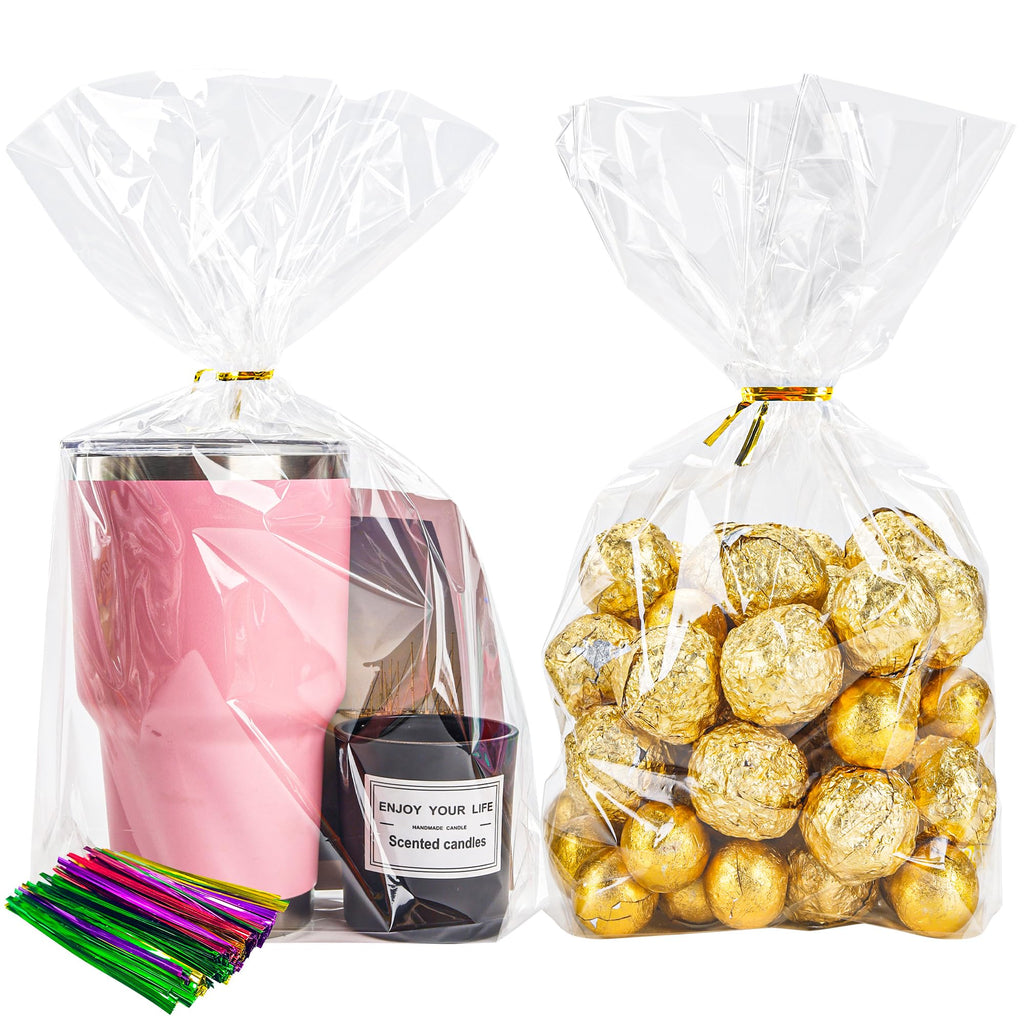 NPLUX 100 Pack Cellophane Bags Clear Flat Bottom Cellophane Treat Bags Gusseted with 100 Pack Twist Ties for Candy Popcorn Cookie Small Gift Wrapping(6×9×2.4 Inches)