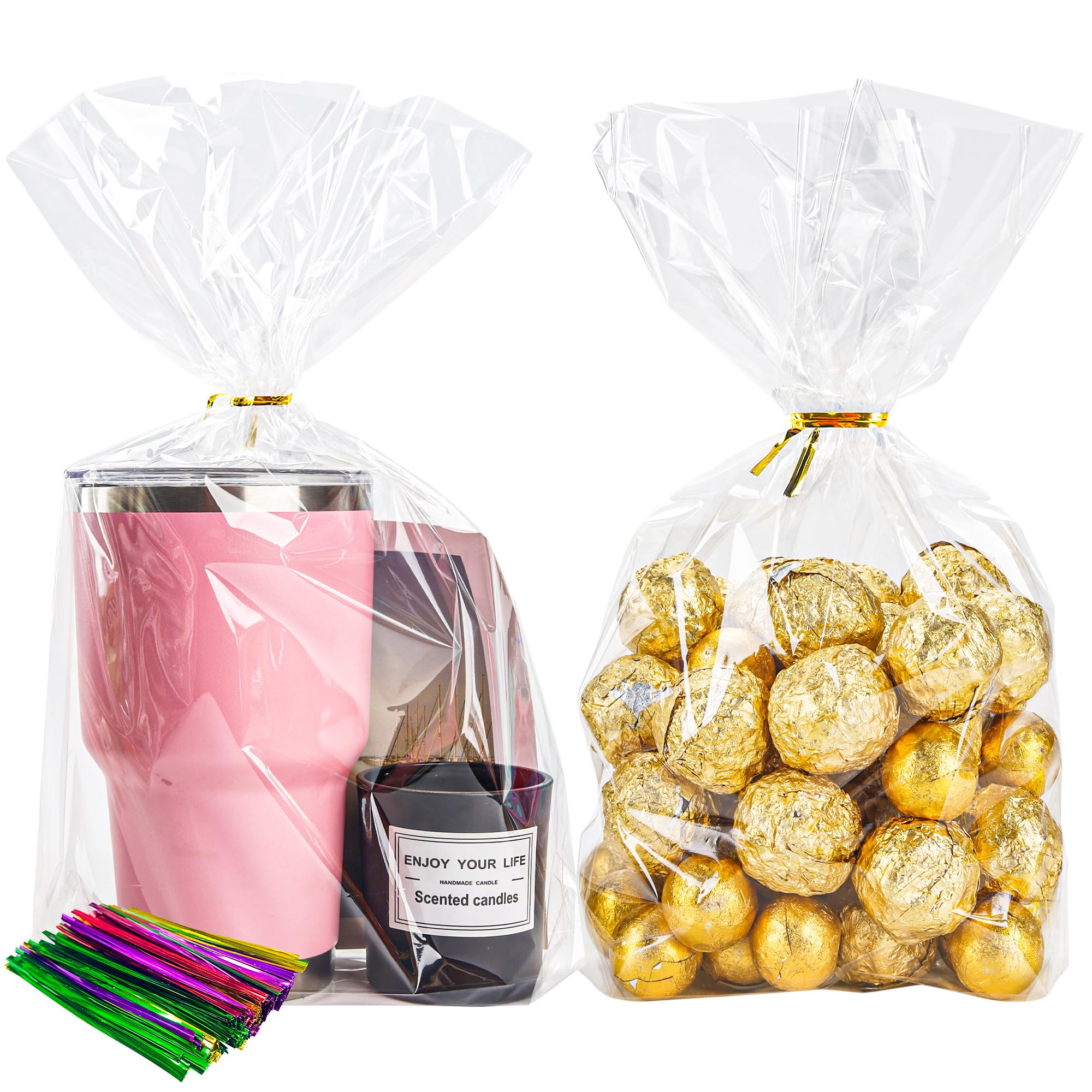 NPLUX 100 Pack Cellophane Bags Clear Flat Bottom Cellophane Treat Bags Gusseted with 100 Pack Twist Ties for Candy Popcorn Cookie Small Gift Wrapping(6×9×2.4 Inches)
