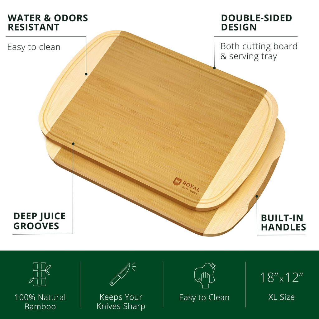 ROYAL CRAFT WOOD Organic Bamboo Cutting Board with Juice Groove - Kitchen Chopping Board for Meat (Butcher Block) Cheese and Vegetables