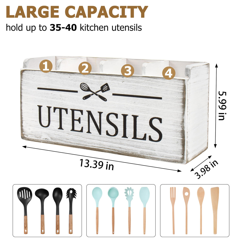 RedCall Extra Large Utensil Holder Organizer,4 Compartments Wooden Kitchen Tool Holder for Countertop,Rustic Farmhouse Utensil Organizer for Spatula Spoon Storage (Antique-4)