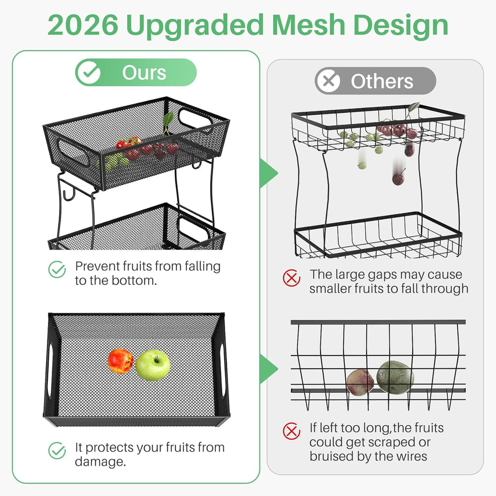 2 Tier Fruit Basket Bowl for Kitchen Counter with 2 Banana Hangers, Countertop Metal Mesh Basket Stand Fruit Holder for Veggies Onion Potato Bread Snack, Black