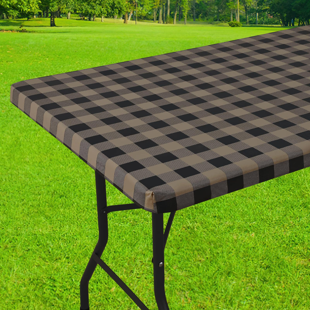 Smiry Rectangle Picnic Table Cloth, Elastic Waterproof Fitted Vinyl Tablecloths, Flannel Backed Buffalo Plaid Table Covers for Dining, Camping, Outdoor (Black and White, 30" x 72")