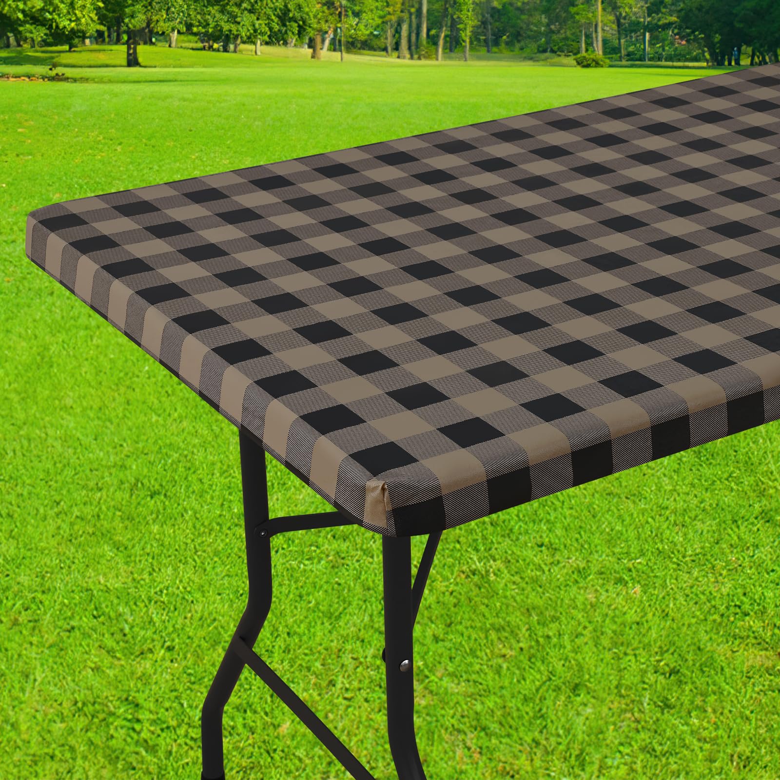 Smiry Rectangle Picnic Table Cloth, Elastic Waterproof Fitted Vinyl Tablecloths, Flannel Backed Buffalo Plaid Table Covers for Dining, Camping, Outdoor (Black and White, 30" x 72")