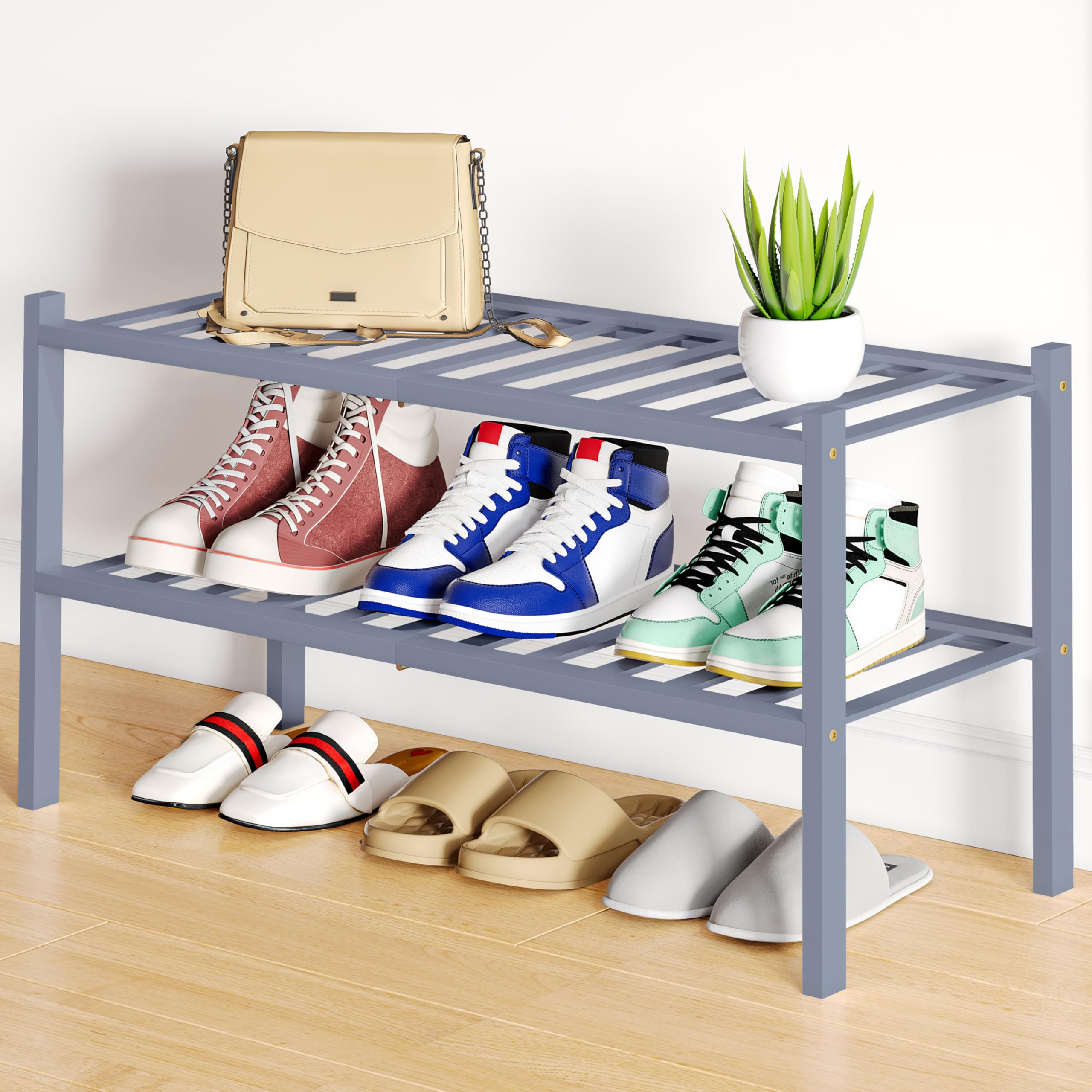 Smiry Shoe Rack, 3 Tier Bamboo Shoe Organizer, Stackable Free Standing Wooden Shoe Storage Shelf for Closet, Entryway, Front Door Entrance, Natural