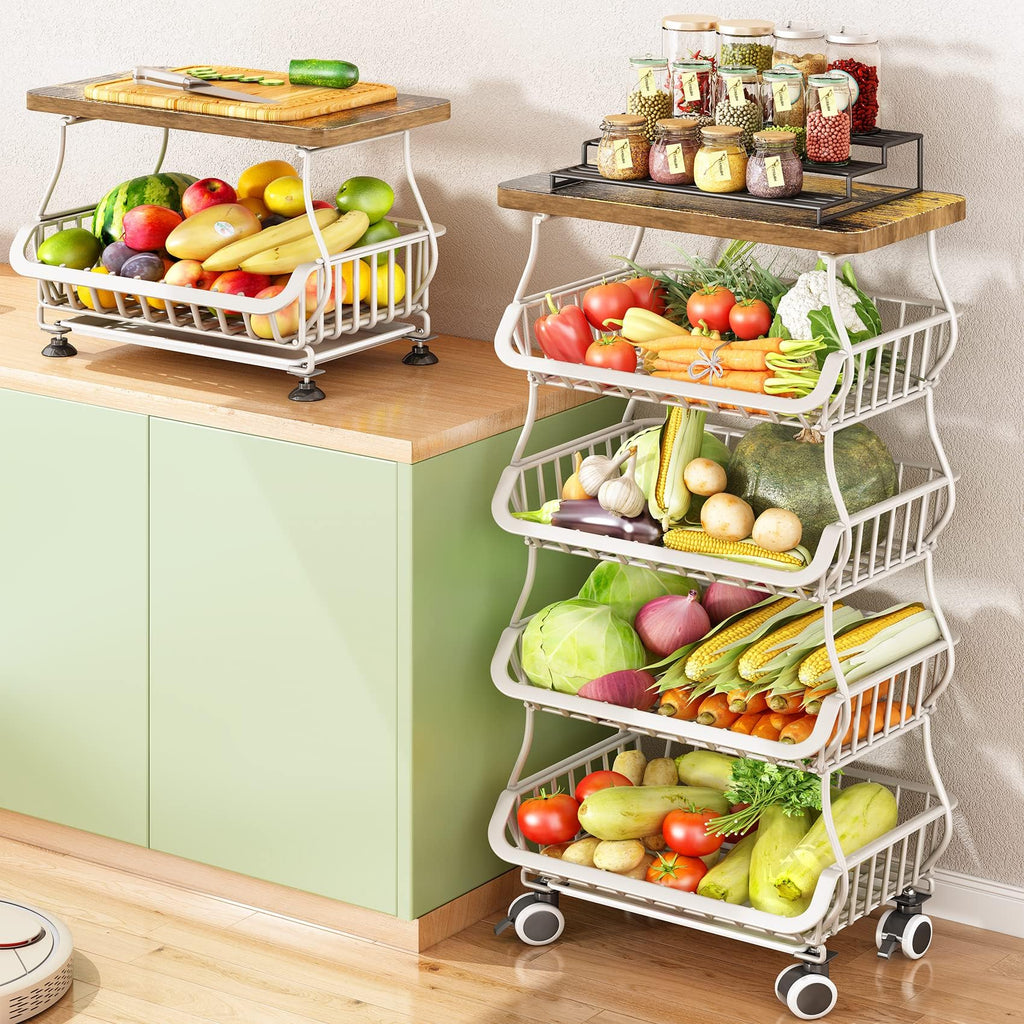 SAYZH Fruit Basket Kitchen Pantry Organizers and Storage - Wooden Top Table, Stackable Metal Wire Basket Stand Cart for Fruit Vegetable Snacks Onion Potato Organization, Black
