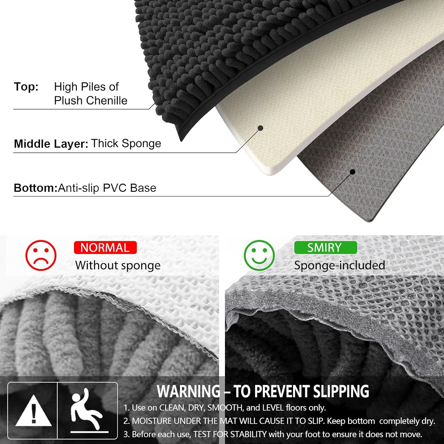 Smiry Luxury Chenille Bathroom Rugs 30x20, Extra Soft and Absorbent Shaggy Bath Mat, Machine Washable, Non-Slip Plush Carpet Runner for Tub, Shower, and Floor, Home Decor Accessories, Black