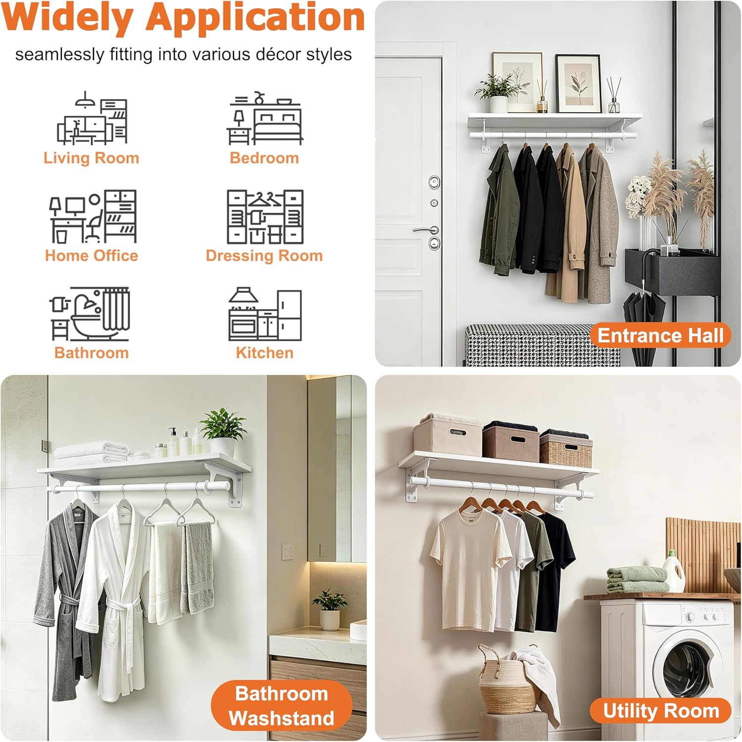 RedCall Wall Mounted Clothes Rack with Shelf, Heavy Duty Clothing Rack for Hanging Clothes, 31.5" Wall Mounted Coat Rack with Hanging Rod, Load up to 80 lb, for Entryway, Bedroom, Laundry Room, Closet