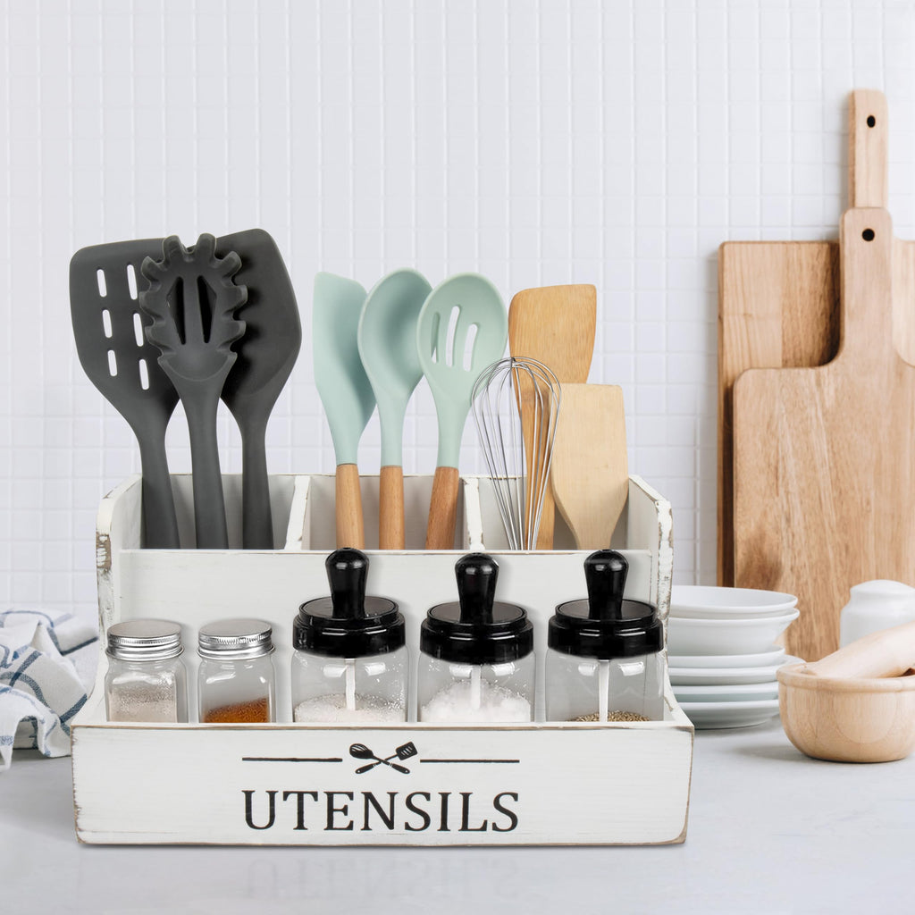 RedCall Extra Large Kitchen Utensils Holder 4 Compartments,Wood Utensil Organizer for Kitchen Countertop,Farmhouse Cooking Utensil Holder with Spice Storage space (Black)