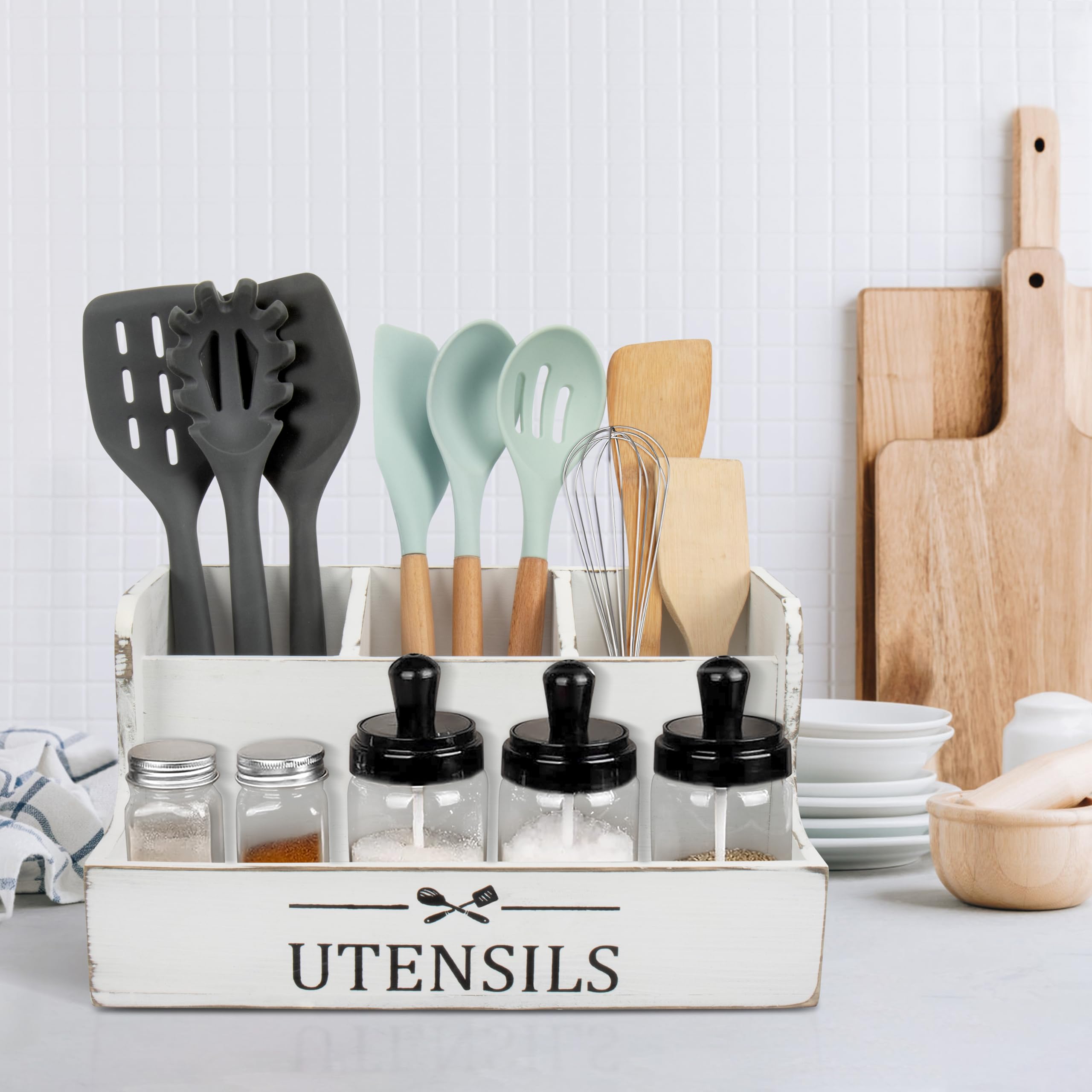 RedCall Extra Large Kitchen Utensils Holder 4 Compartments,Wood Utensil Organizer for Kitchen Countertop,Farmhouse Cooking Utensil Holder with Spice Storage space (Black)