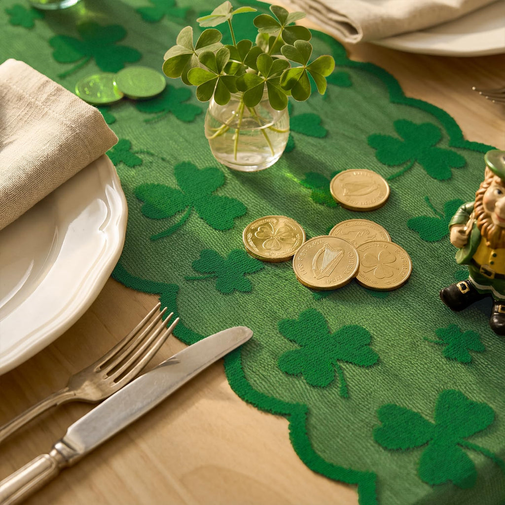 Artoid Mode Lace Jacquard Shamrock Clover Lucky St Patrick's Day Table Runner, Kitchen Dining Table Decoration for Home Party Decor 13x72 Inch