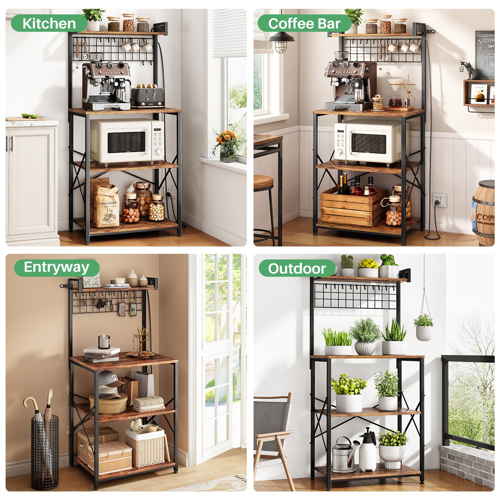 SNTD Bakers Rack with Power Outlet, Kitchen Shelves Microwave Stand with Wire Grid and 10 Hooks, 4 Tiers Coffee Stand (Rustic Brown, 23.5 x 15.6 x 52.8 Inches)