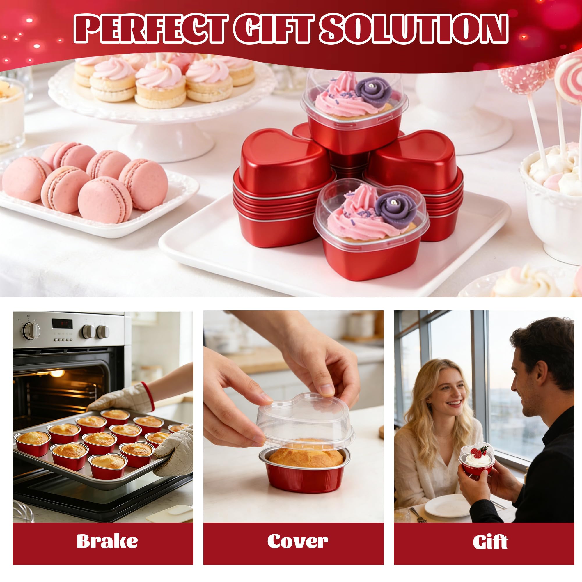 3.5 oz Valentines Gifts Heart Shaped Cake Pans with Lids, Disposable Aluminum Mini Cake Pans for Baking and Takeout, Oven Safe 425°F, Perfect for Valentine's,Party,Wedding Dessert（50 Pack）